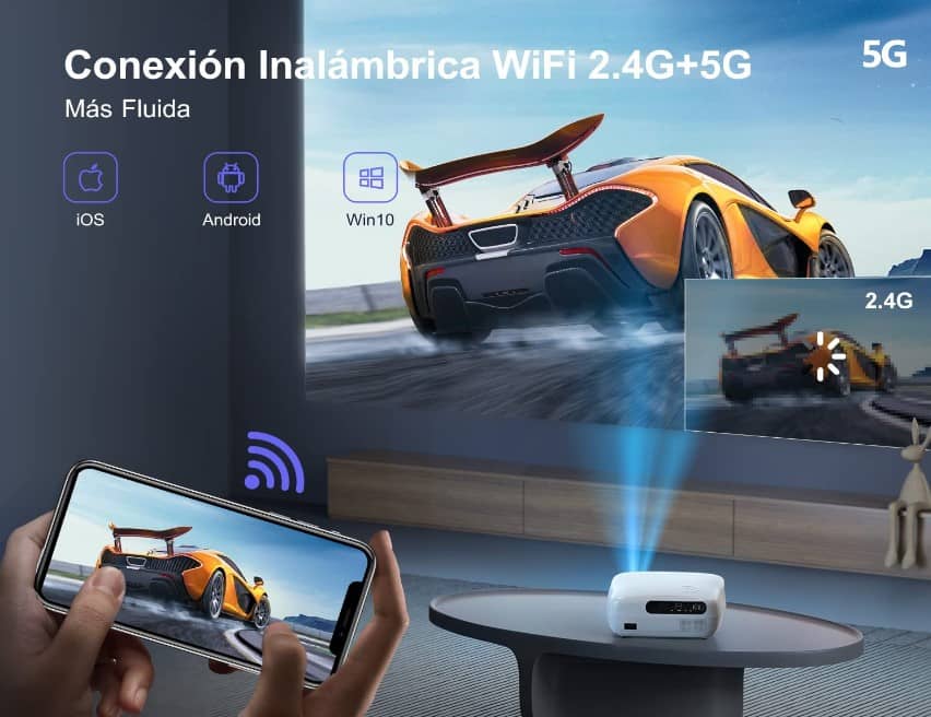 Proyector 5G WiFi Bluetooth Full HD 1080P, 10000 Lúmenes WiMiUS Proyector 4K Soporte Corrección Trapezoidal 6D Auto con Función Zoom Proyector WiFi Portátil Cine En Casa para Teléfonos,Fire Stick,PS5